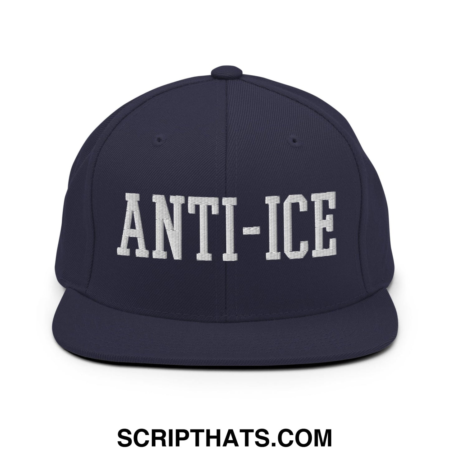 Navy blue snapback hat with white embroidered anti-ice lettering and flat bill brim for casual wear