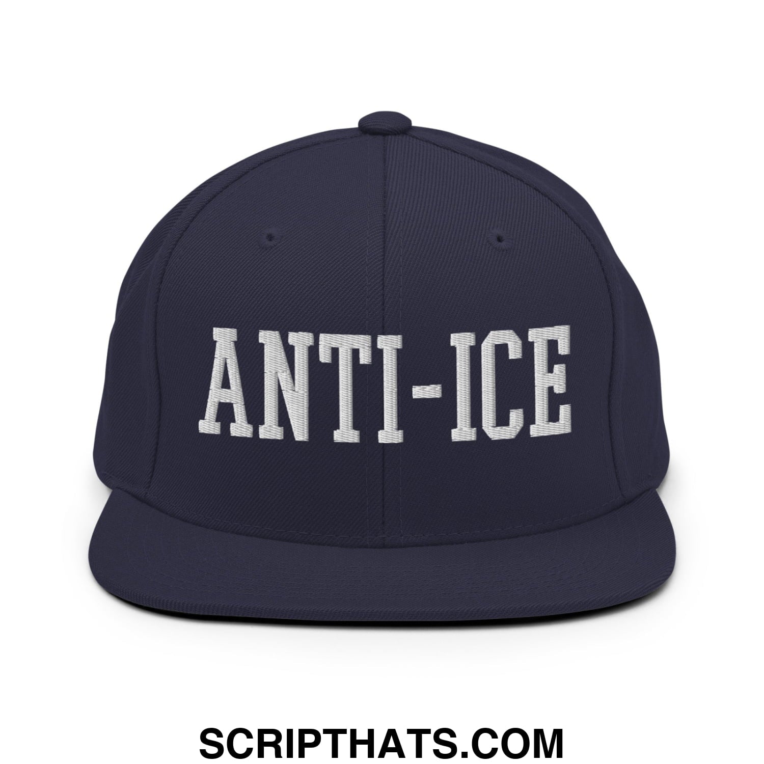 Navy blue snapback hat with white embroidered anti-ice lettering and flat bill brim for casual wear