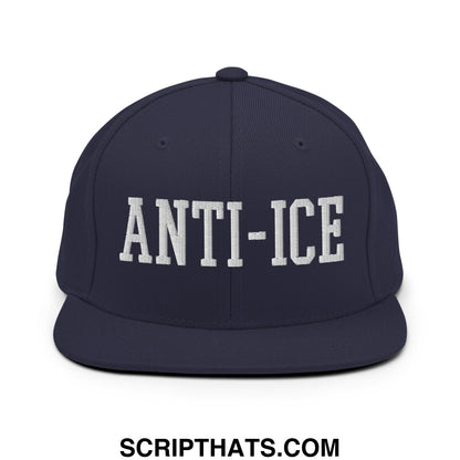 Navy blue snapback hat with white embroidered anti-ice lettering and flat bill brim for casual wear