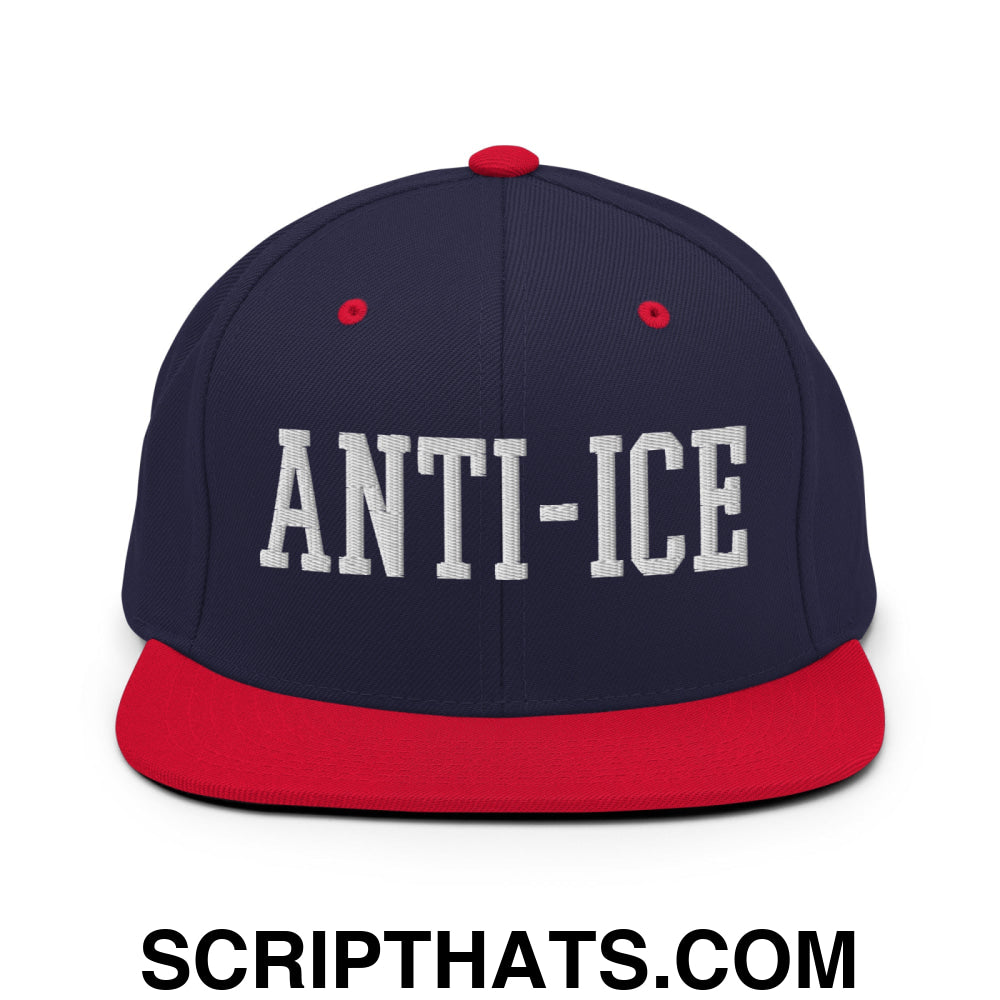 Anti-ICE Embroidered Flat Bill Brim Snapback Hat Navy Red