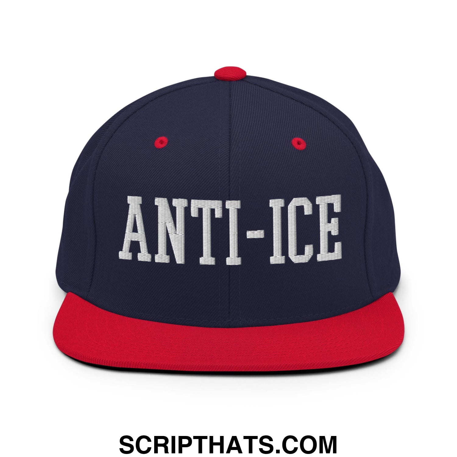 Navy blue and red snapback hat with white embroidered anti-ice lettering and flat bill brim design