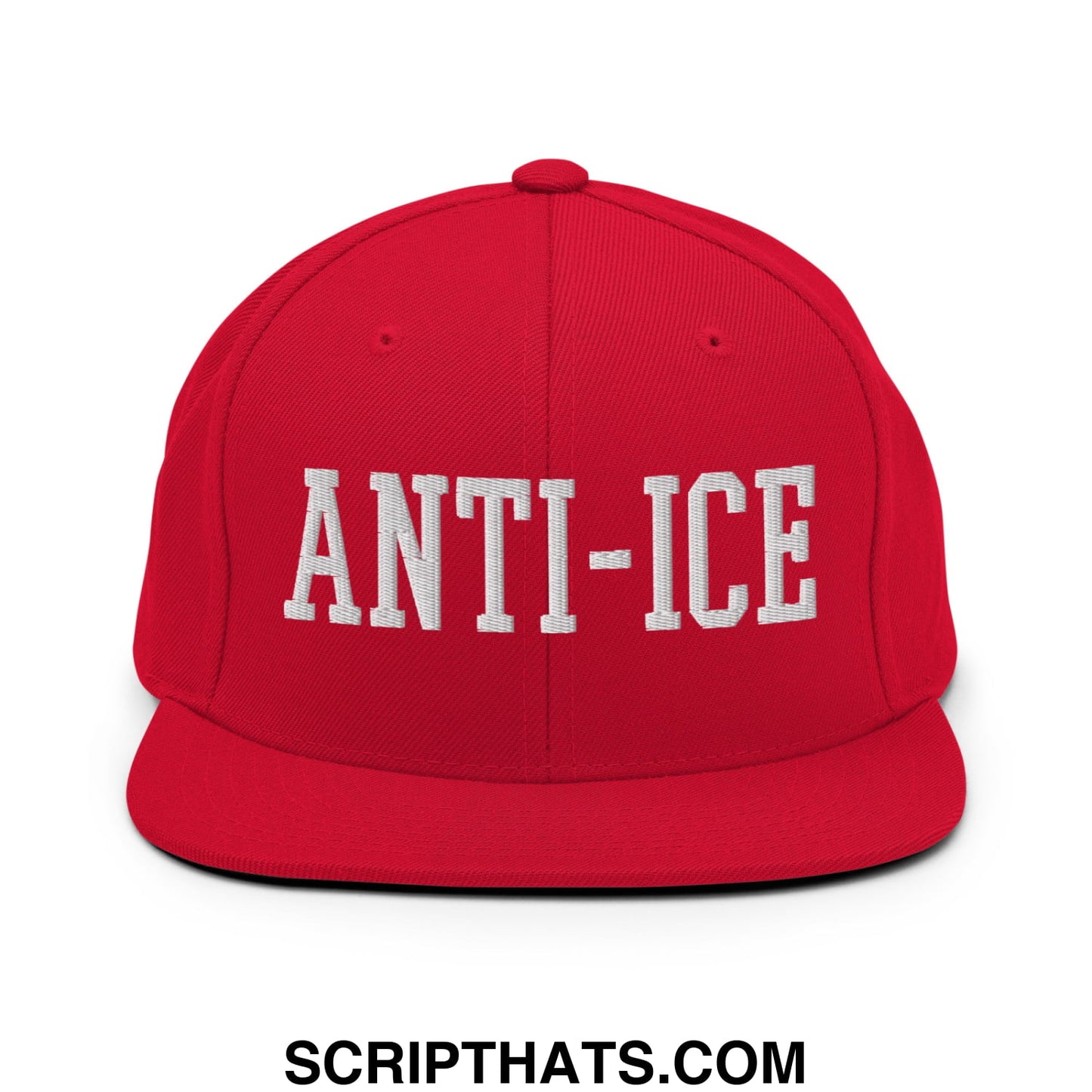 Red snapback cap with white embroidered anti-ice lettering and a flat bill brim design