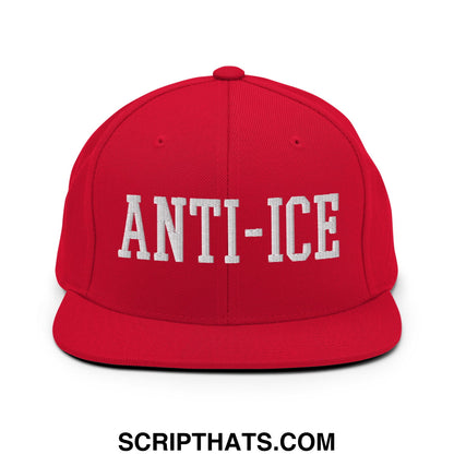 Red snapback cap with white embroidered anti-ice lettering and a flat bill brim design