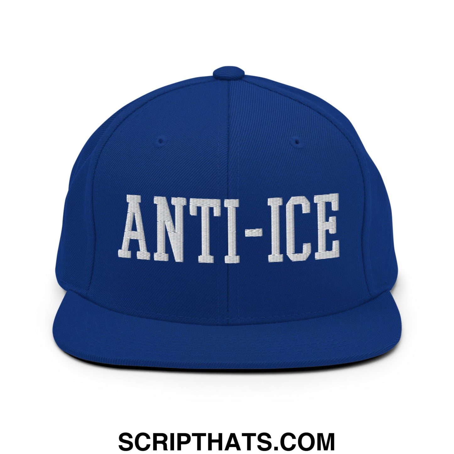 Royal blue snapback hat with white embroidered anti-ice lettering and flat bill brim for casual wear