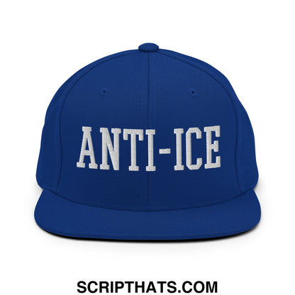Royal blue snapback hat with white embroidered anti-ice lettering and flat bill brim for casual wear