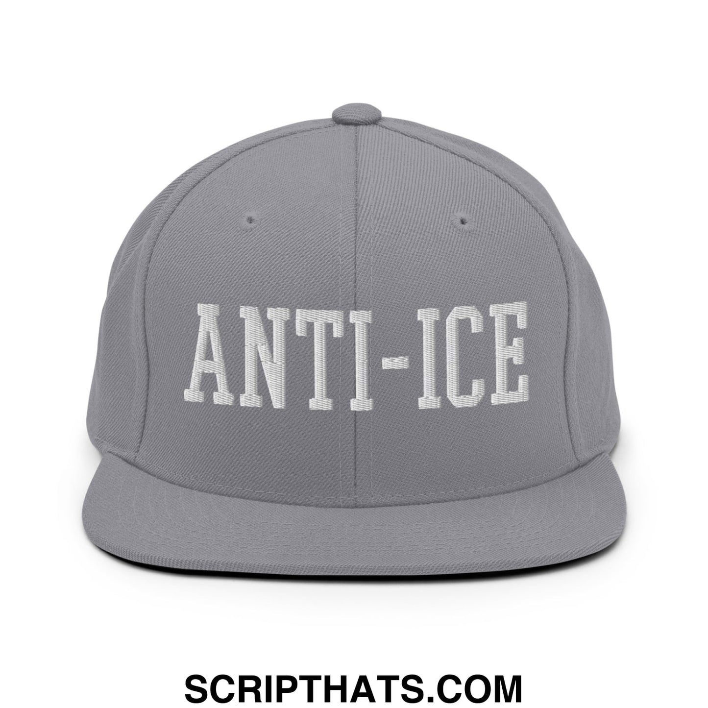 Gray snapback hat with white embroidered anti-ice lettering and flat bill brim for casual wear