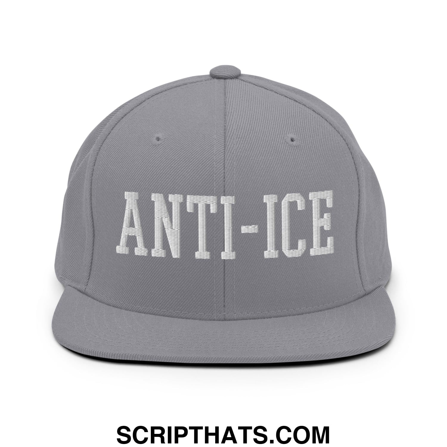 Gray snapback hat with white embroidered anti-ice lettering and flat bill brim for casual wear