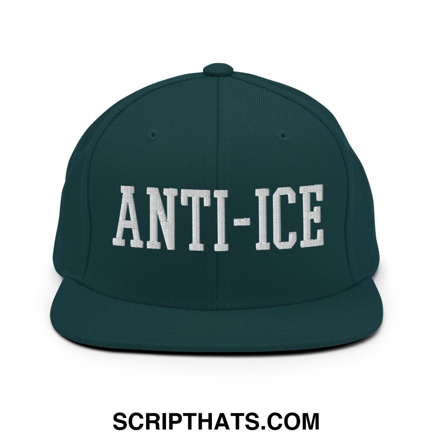 Dark green snapback cap with white embroidered anti-ice lettering and flat bill brim for casual wear