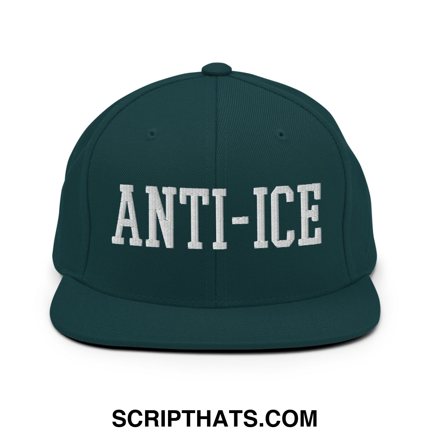 Dark green snapback cap with white embroidered anti-ice lettering and flat bill brim for casual wear