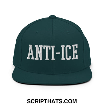 Dark green snapback cap with white embroidered anti-ice lettering and flat bill brim for casual wear