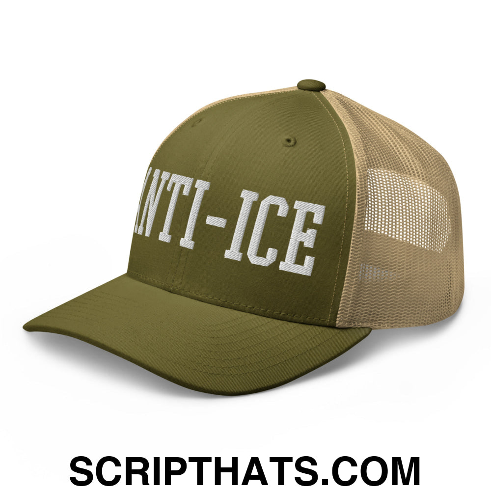 Anti-ICE Embroidered Mesh Trucker Hat Moss Khaki