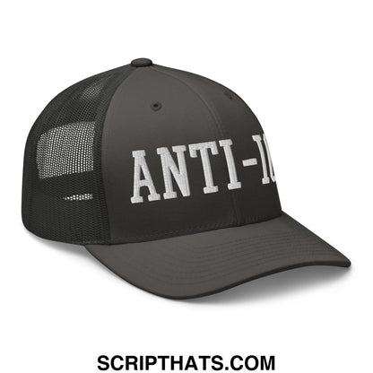 Black mesh trucker hat with white embroidered anti- lettering featuring anti-ice design on front panel