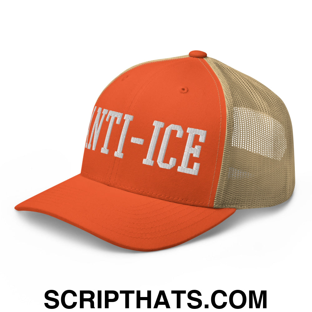 Anti-ICE Embroidered Mesh Trucker Hat Rustic Orange Khaki