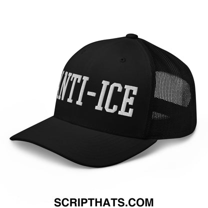Black mesh trucker hat with white embroidered anti-ice lettering on front panel for casual wear