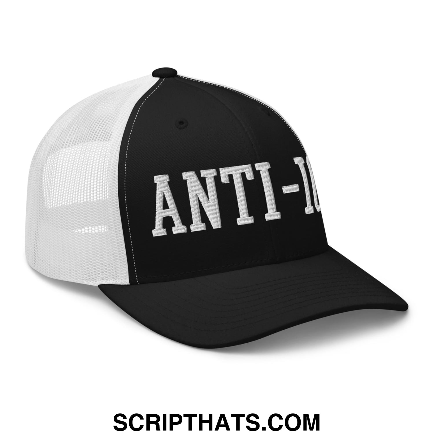 Black and white mesh trucker hat with bold embroidered anti- lettering across the front for casual wear