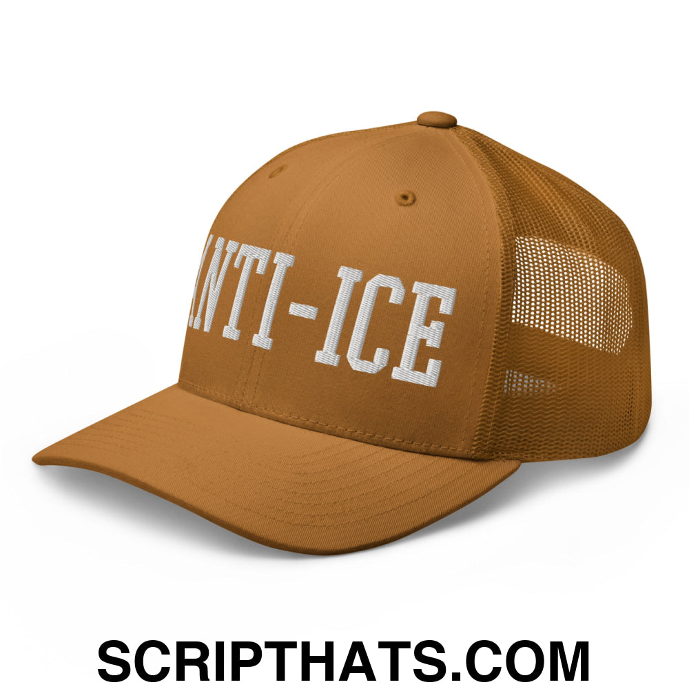 Anti-ICE Embroidered Mesh Trucker Hat Caramel