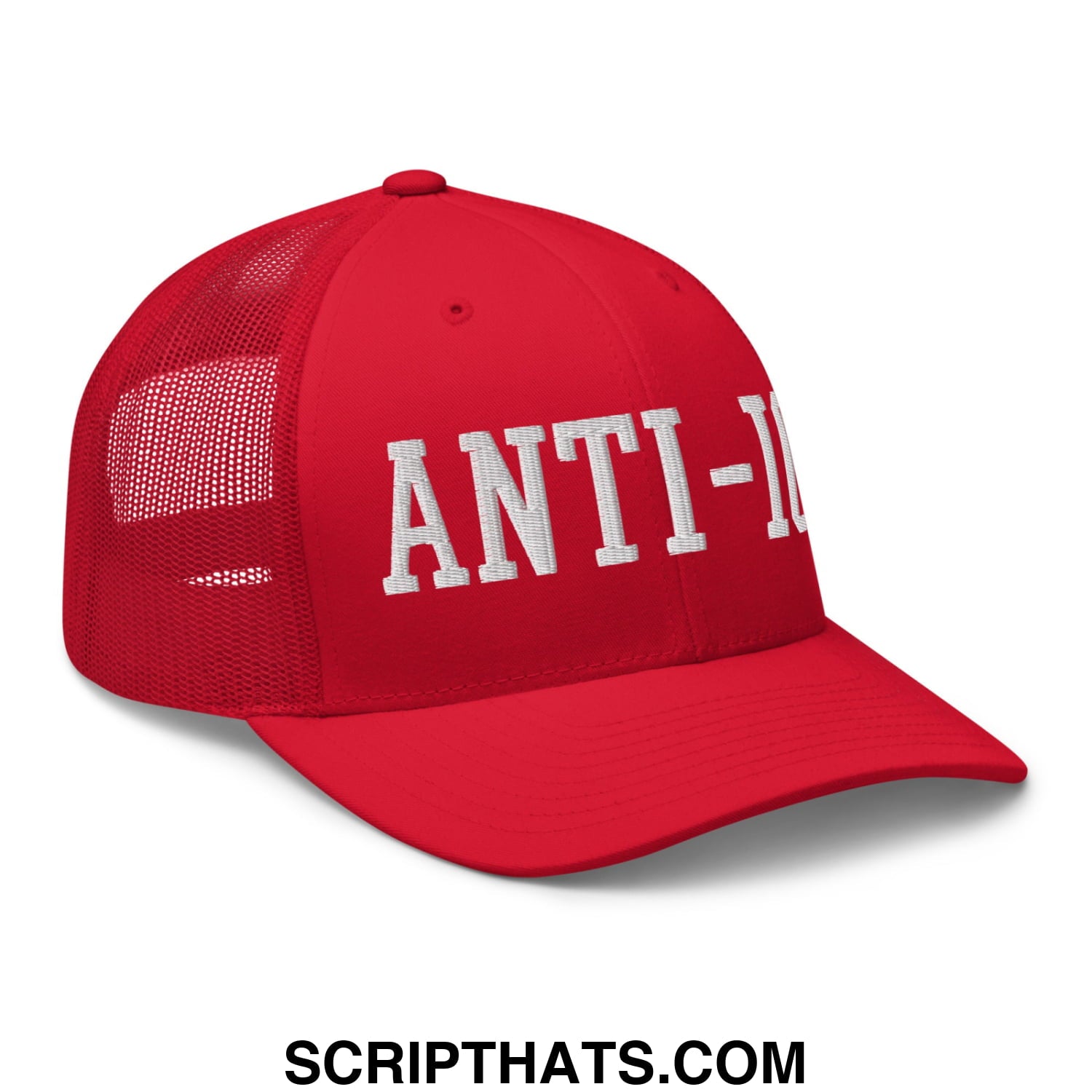 Red anti-ice embroidered mesh trucker hat with white lettering and breathable mesh material
