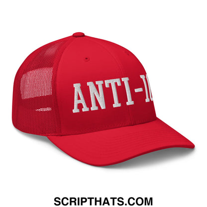 Red anti-ice embroidered mesh trucker hat with white lettering and breathable mesh material