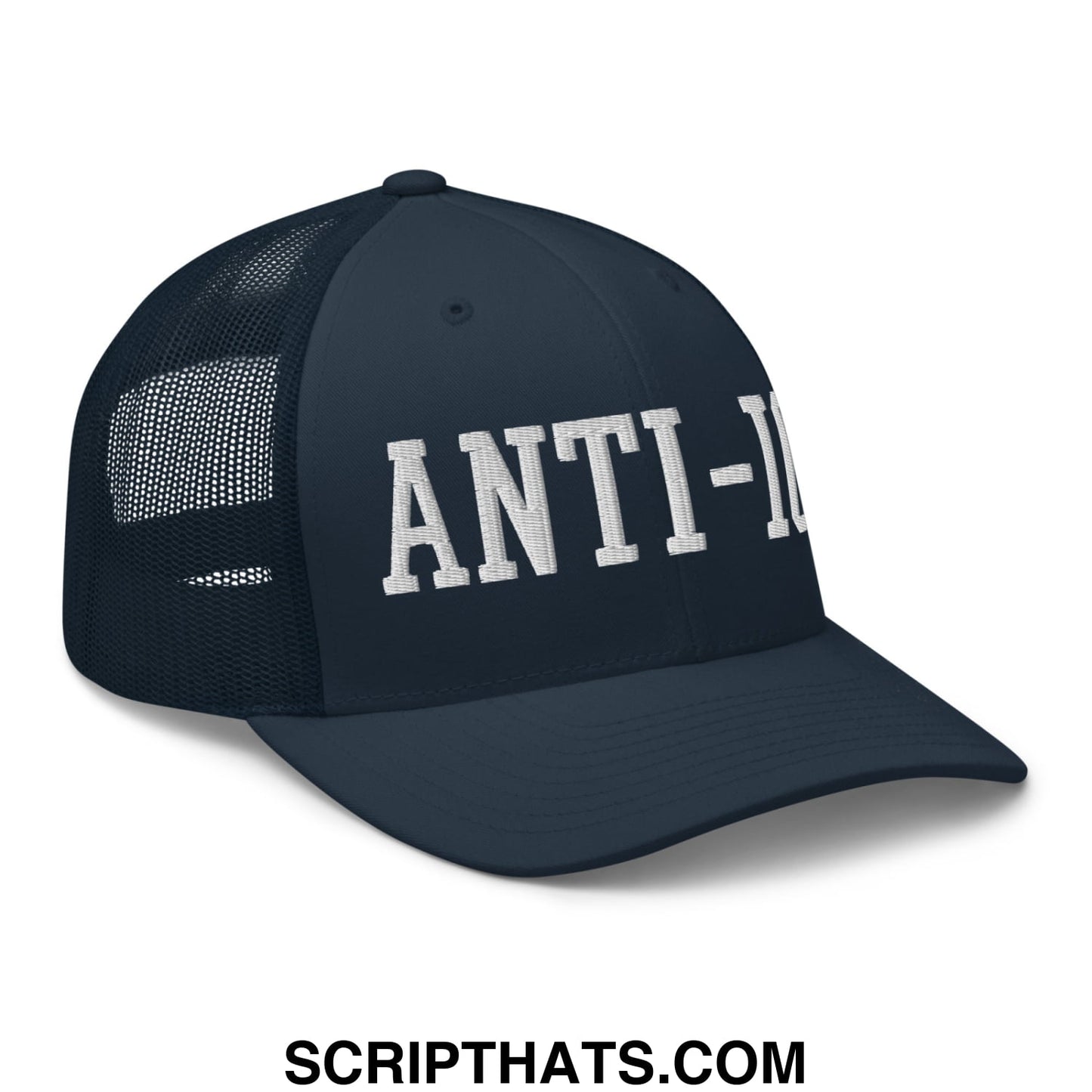 Dark navy mesh trucker hat with white embroidered anti- lettering front for casual and outdoor use
