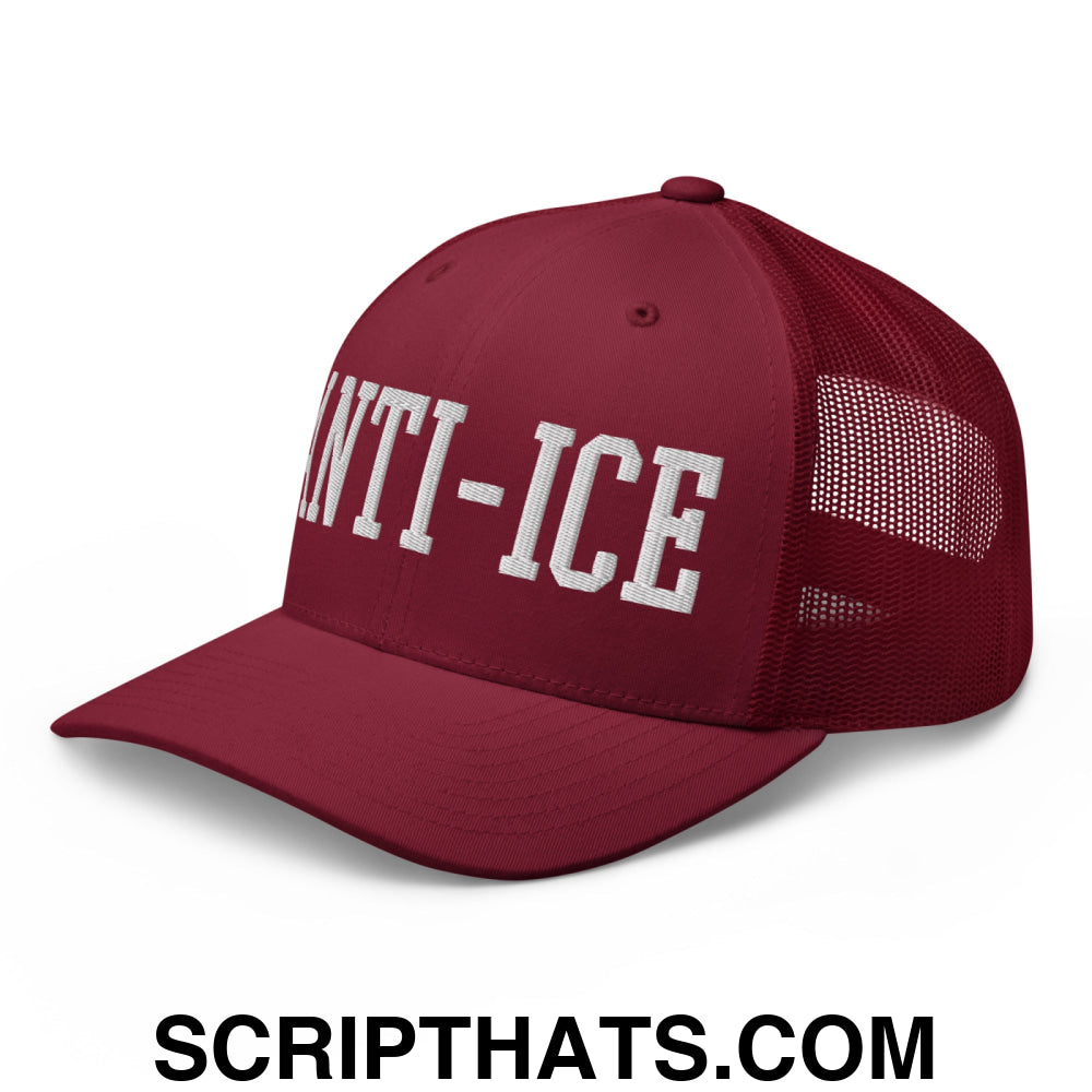 Anti-ICE Embroidered Mesh Trucker Hat Cranberry