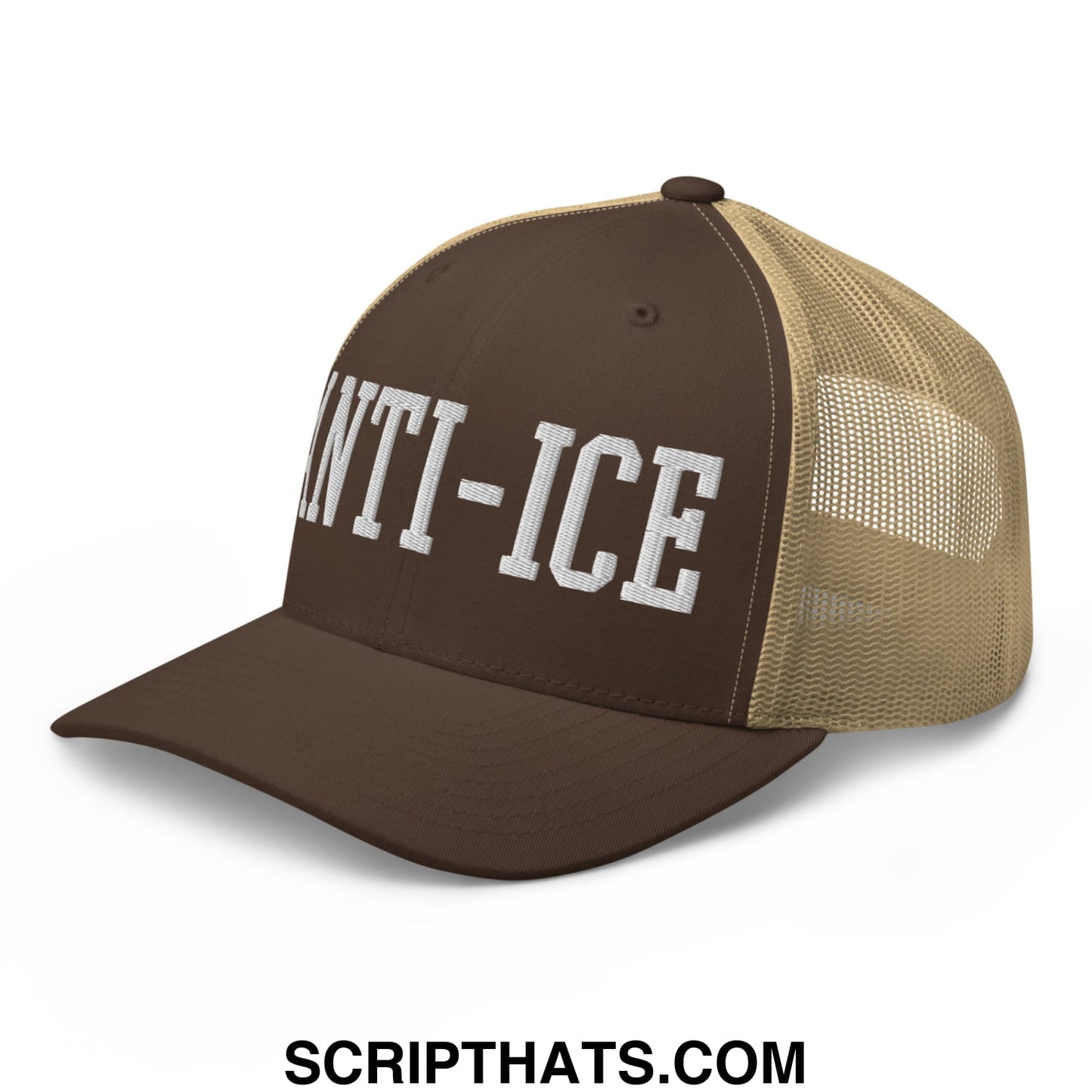 Brown and tan mesh trucker hat with anti-ice embroidered in white on the front panel