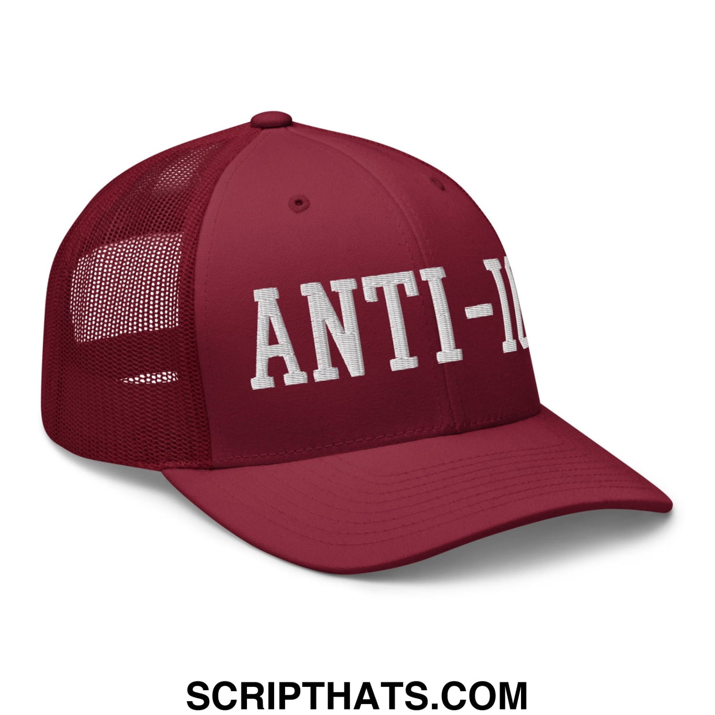 Maroon mesh trucker hat with white embroidered anti- lettering front designed for anti-ice style