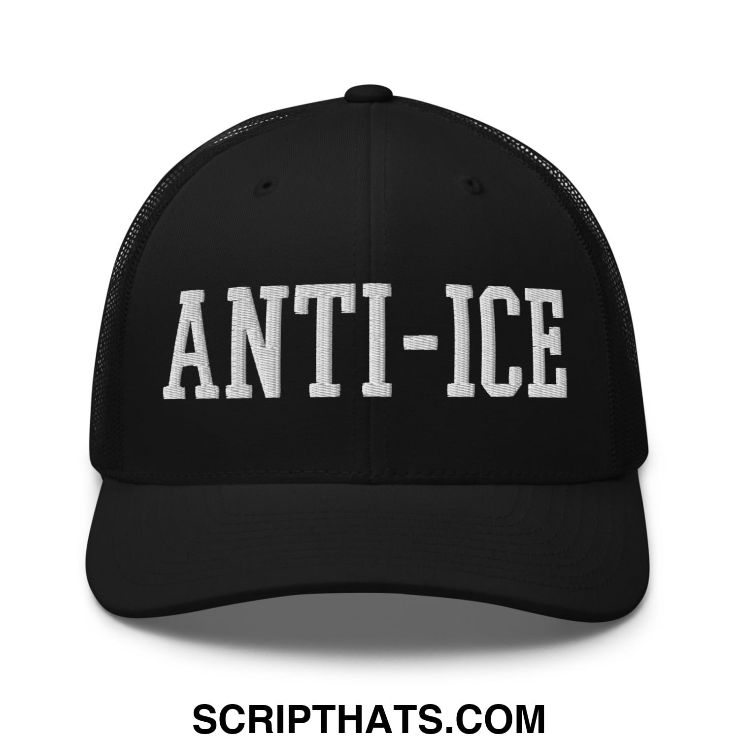 Black mesh trucker hat with white embroidered anti-ice lettering across the front panel for casual wear
