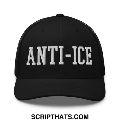 Black mesh trucker hat with white embroidered anti-ice lettering across the front panel for casual wear