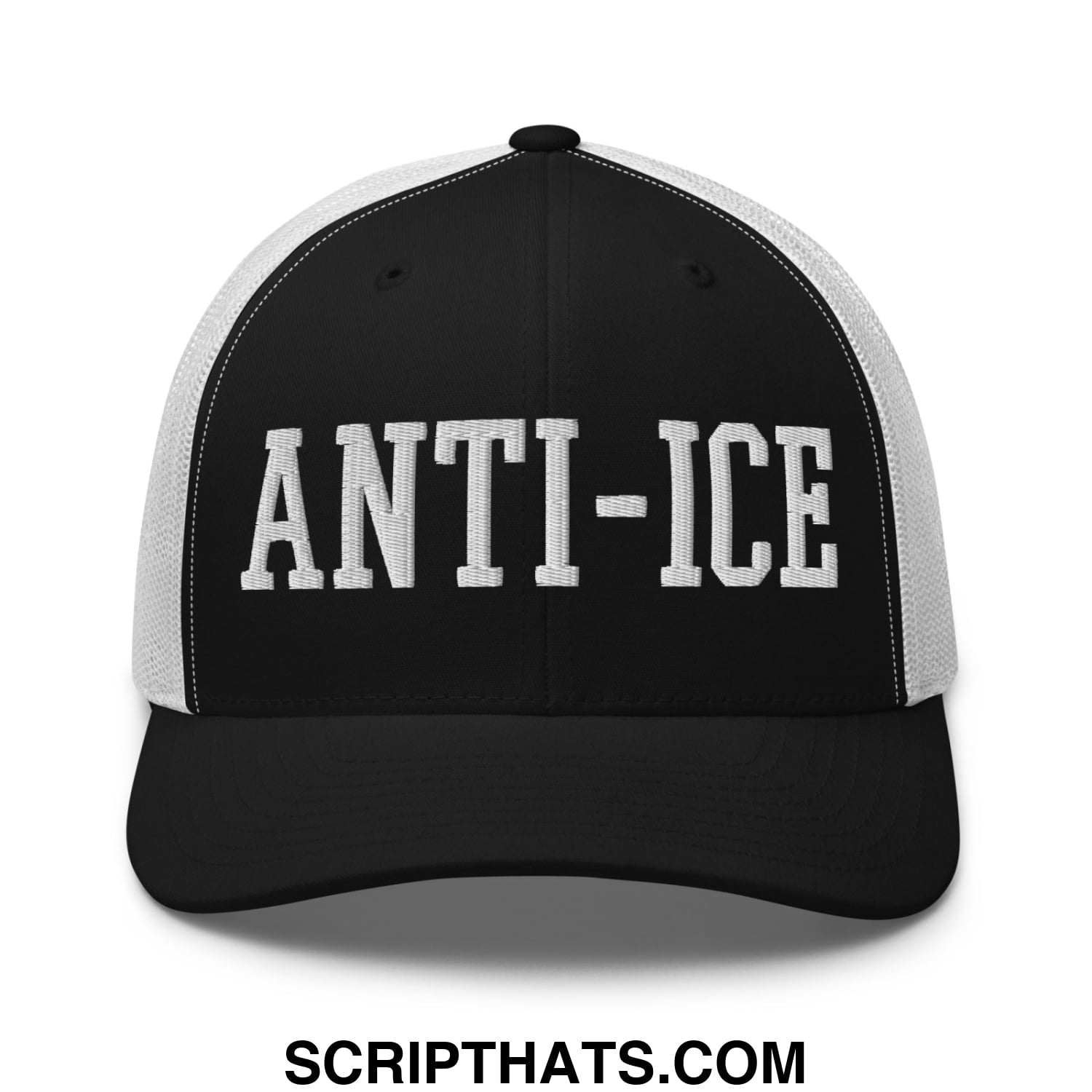 Black and white mesh trucker hat with anti-ice embroidered in bold raised white lettering on the front