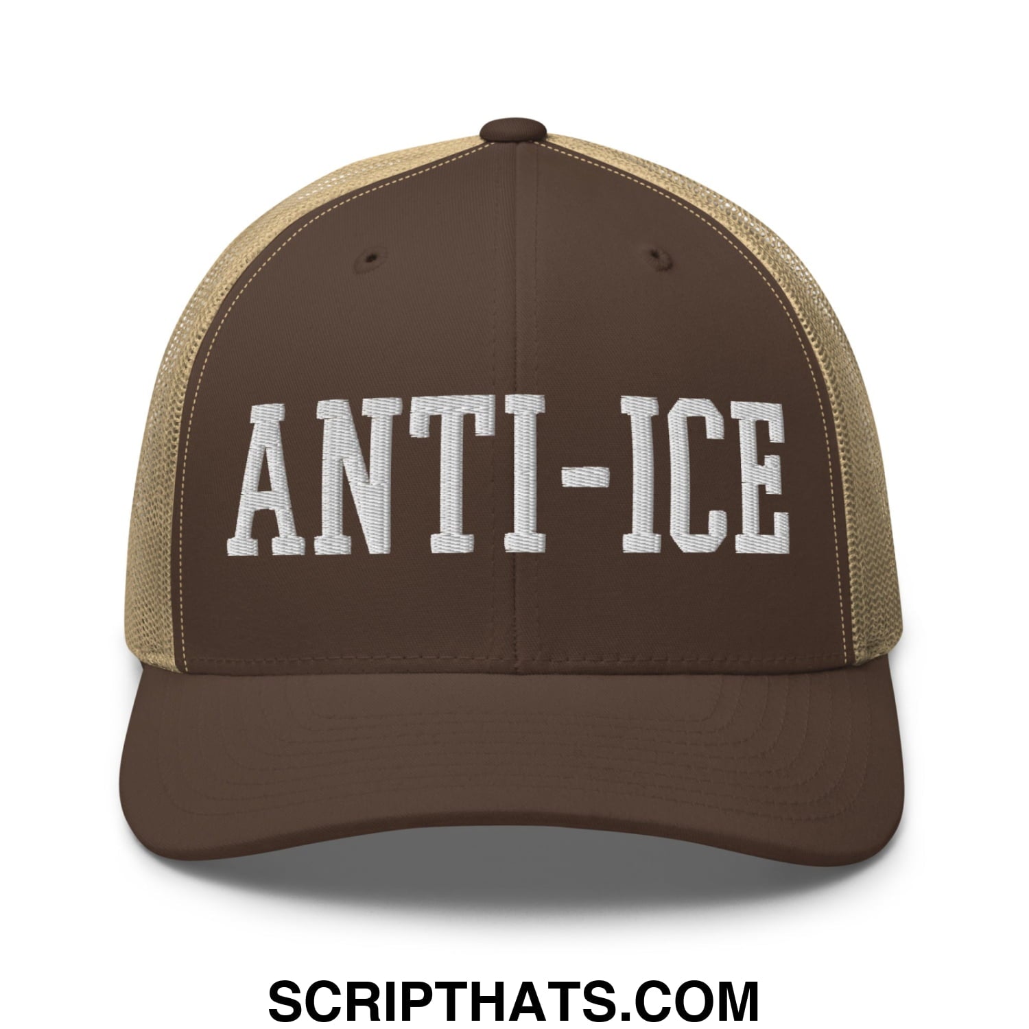 Brown and tan mesh trucker hat with white embroidered anti-ice lettering on the front panel