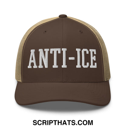 Brown and tan mesh trucker hat with white embroidered anti-ice lettering on the front panel