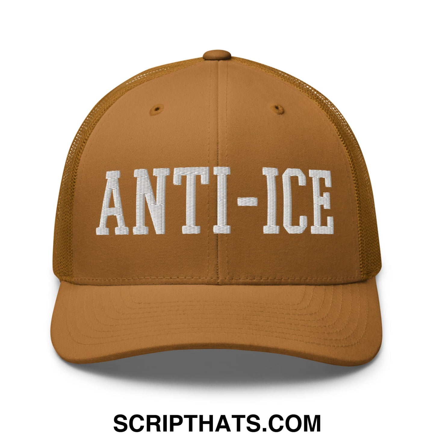 Tan mesh trucker hat with white embroidered anti-ice lettering featuring breathable back panels