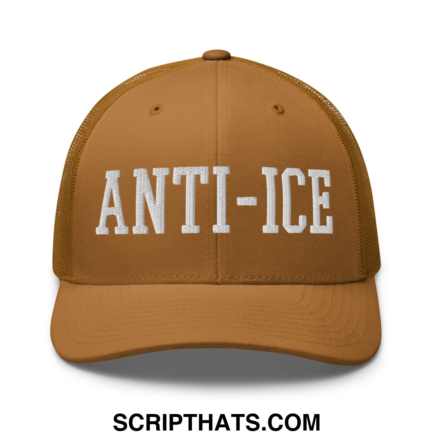 Tan mesh trucker hat with white embroidered anti-ice lettering featuring breathable back panels