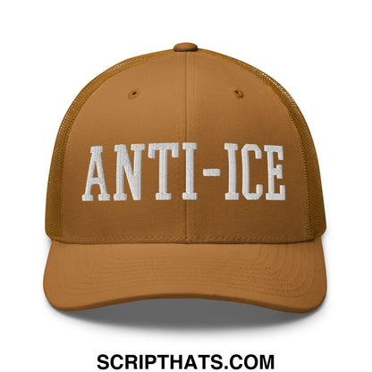Tan mesh trucker hat with white embroidered anti-ice lettering featuring breathable back panels
