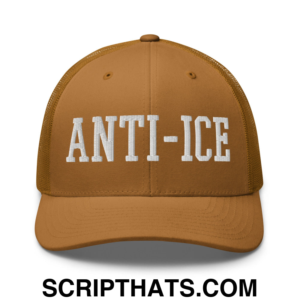 Anti-ICE Embroidered Mesh Trucker Hat Caramel