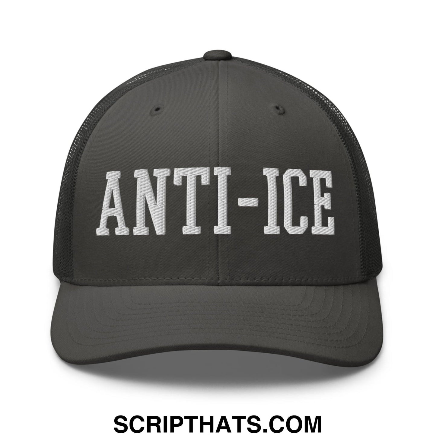 Dark gray mesh trucker hat with white embroidered anti-ice lettering across the front panel