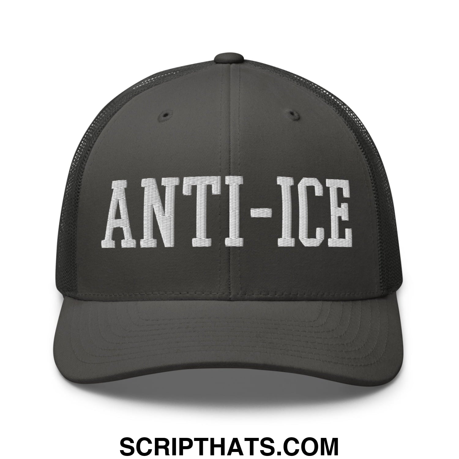 Dark gray mesh trucker hat with white embroidered anti-ice lettering across the front panel