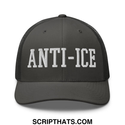 Dark gray mesh trucker hat with white embroidered anti-ice lettering across the front panel