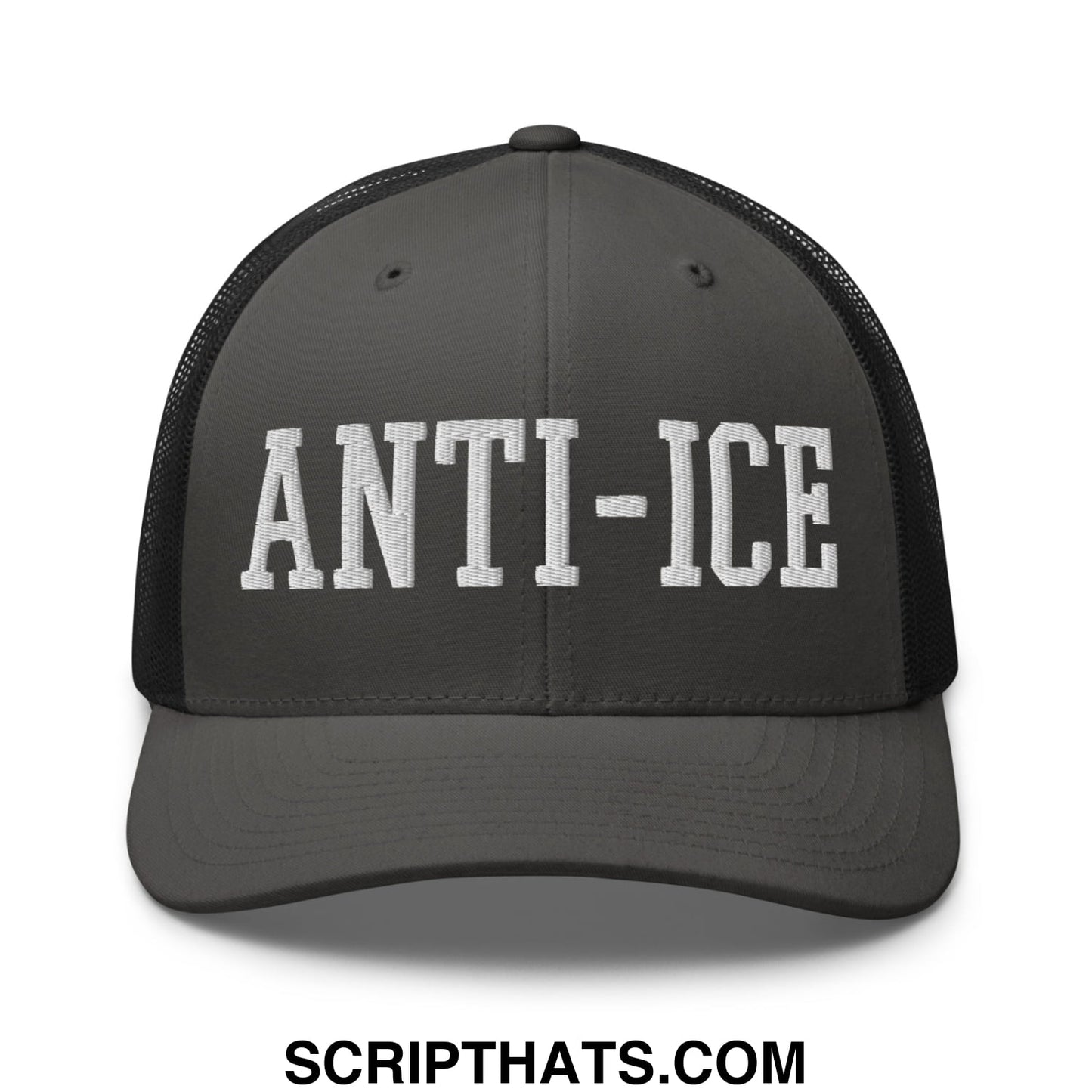 Dark gray mesh trucker hat with white embroidered anti-ice lettering across the front panel