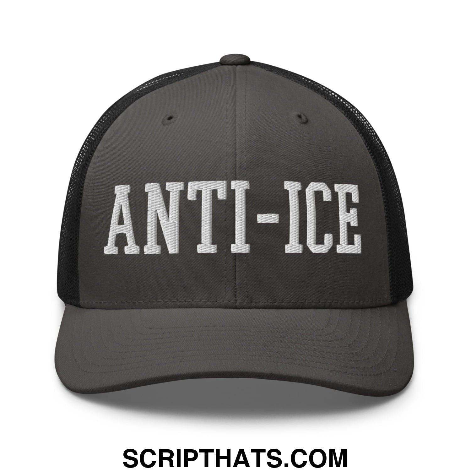 Dark gray mesh trucker hat with white embroidered anti-ice lettering across the front panel