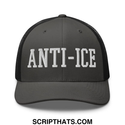 Dark gray mesh trucker hat with white embroidered anti-ice lettering across the front panel