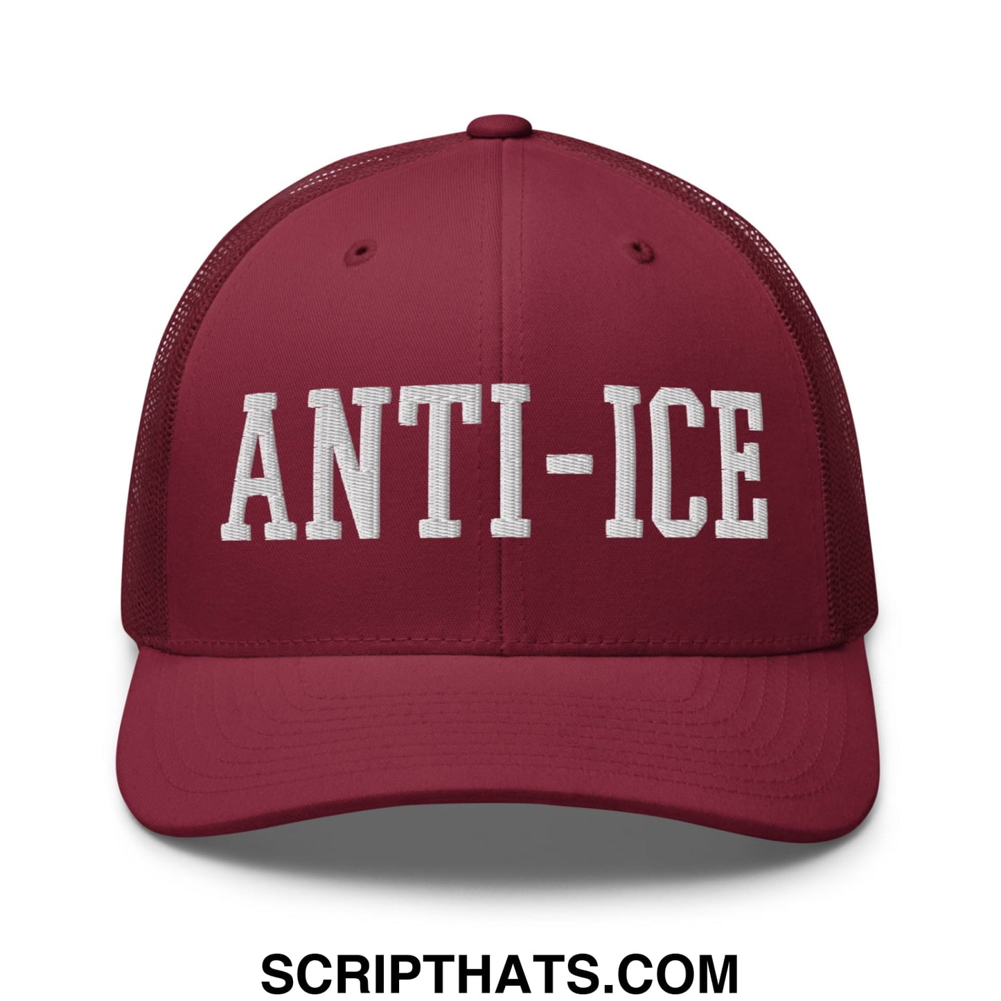 Maroon mesh trucker hat with white embroidered anti-ice lettering front design for casual wear