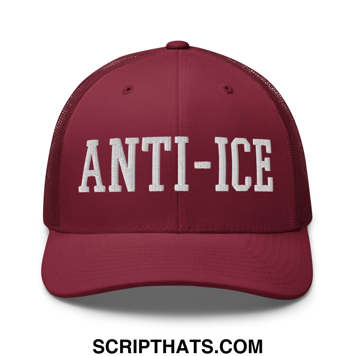 Maroon mesh trucker hat with white embroidered anti-ice lettering front design for casual wear