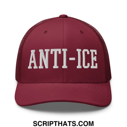 Maroon mesh trucker hat with white embroidered anti-ice lettering front design for casual wear