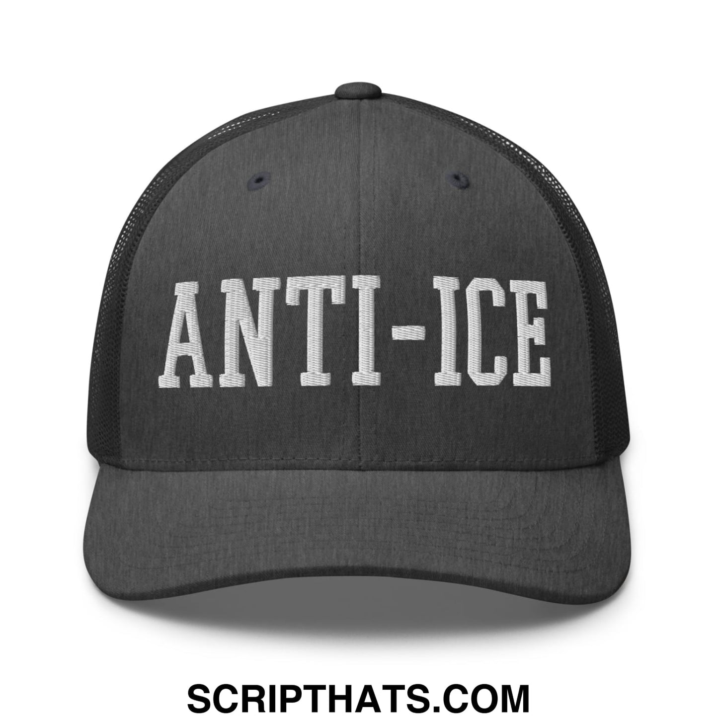 Black mesh trucker hat with white embroidered anti ice lettering across the front panel