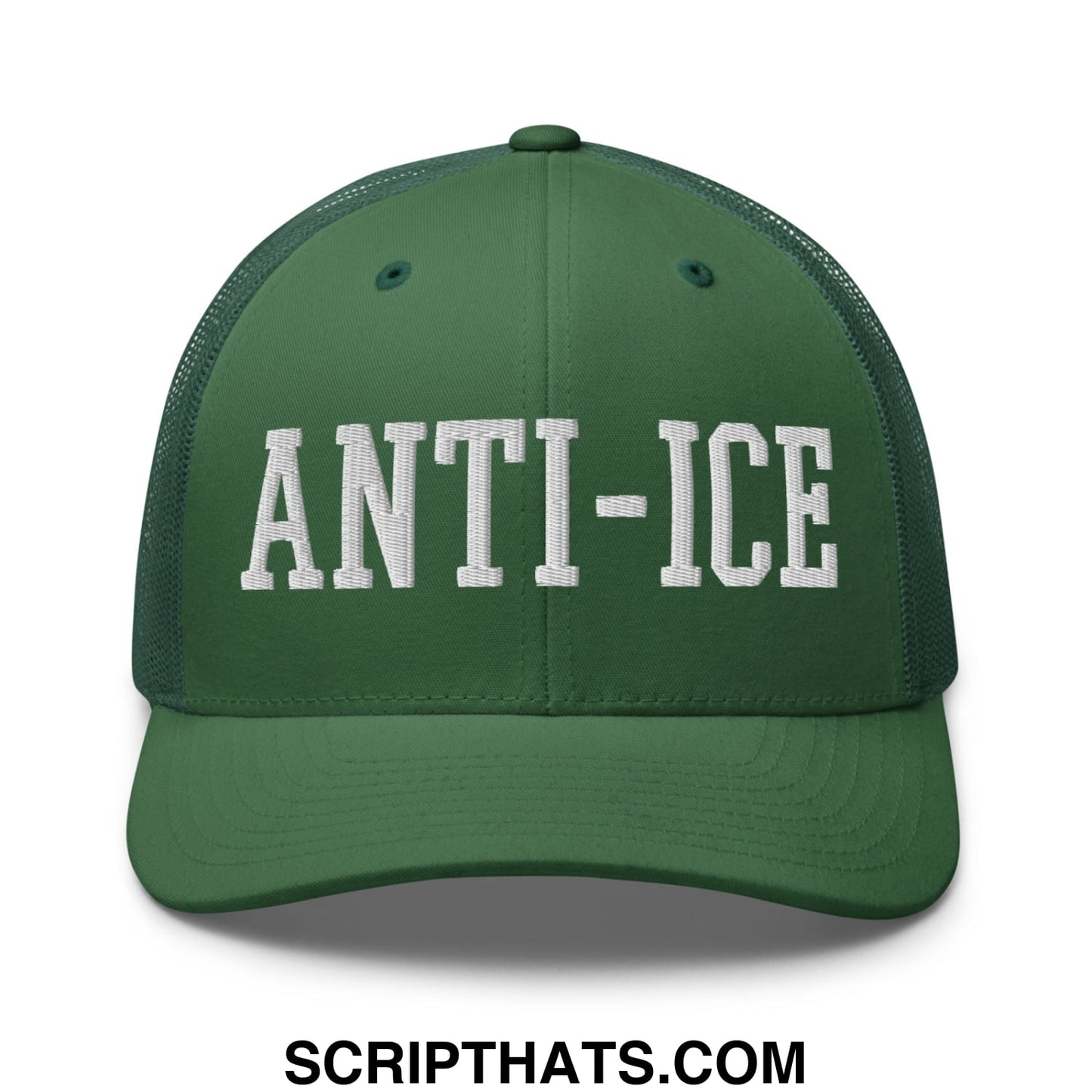 Green mesh trucker hat with white embroidered anti-ice lettering for casual outdoor use