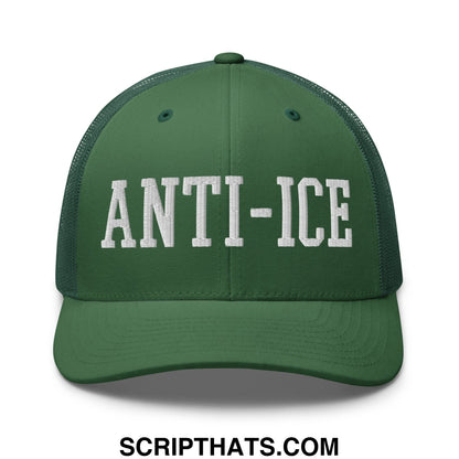 Green mesh trucker hat with white embroidered anti-ice lettering for casual outdoor use
