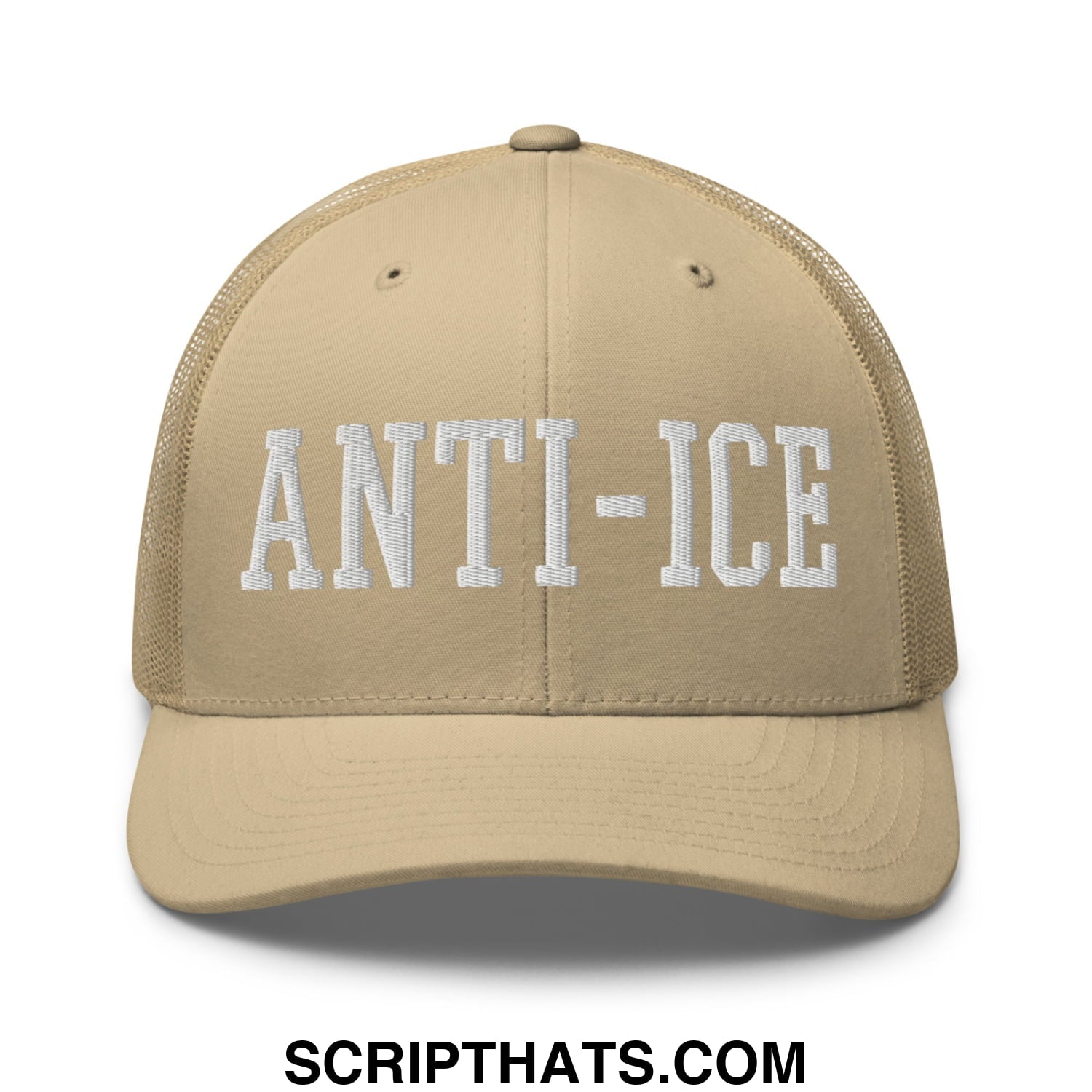 Beige mesh trucker hat with white embroidered anti ice lettering on front titled anti ice embroidered mesh trucker hat