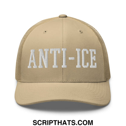 Beige mesh trucker hat with white embroidered anti ice lettering on front titled anti ice embroidered mesh trucker hat
