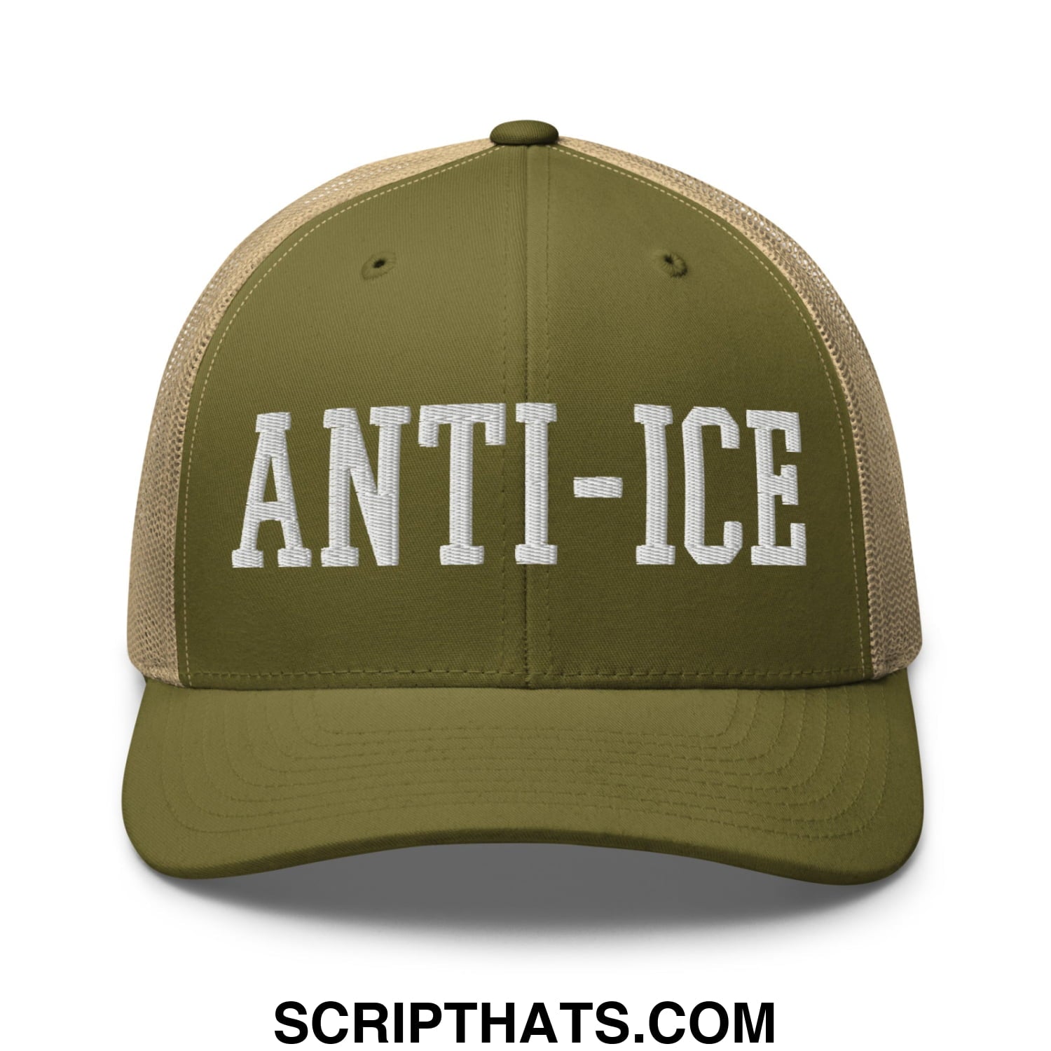 Olive green and tan mesh trucker hat with white embroidered anti-ice lettering in a casual style